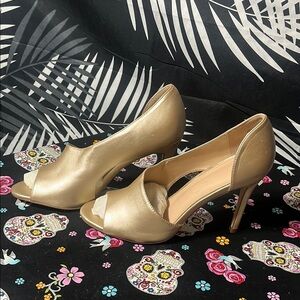 Gold Peep Toe Stiletto Heels – Size 8.5 – Elegant Dress Shoes